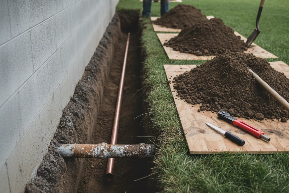 Excavated water line trench during Water Softener Installation in Amana